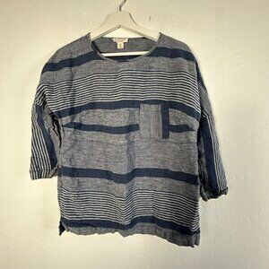 Cambridge Dry Goods Womens Blue & White Striped Linen 3/4 Sleeve Top Size 4